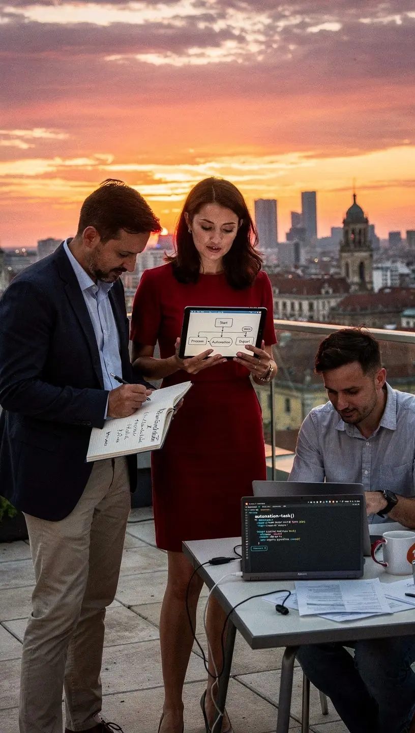 Ilustrație educațională ce evidențiază pașii pentru implementarea unui sistem automatizat în companie.